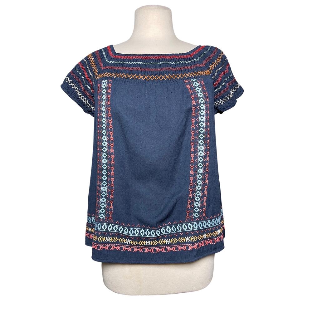 THML Women’s Boho Embroidered Smocked Navy Blue Popover Top